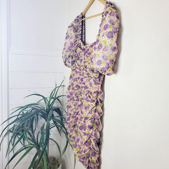 Zara Purple Floral Printed Draped Square Neck Dress XXL - Picture 3 of 16